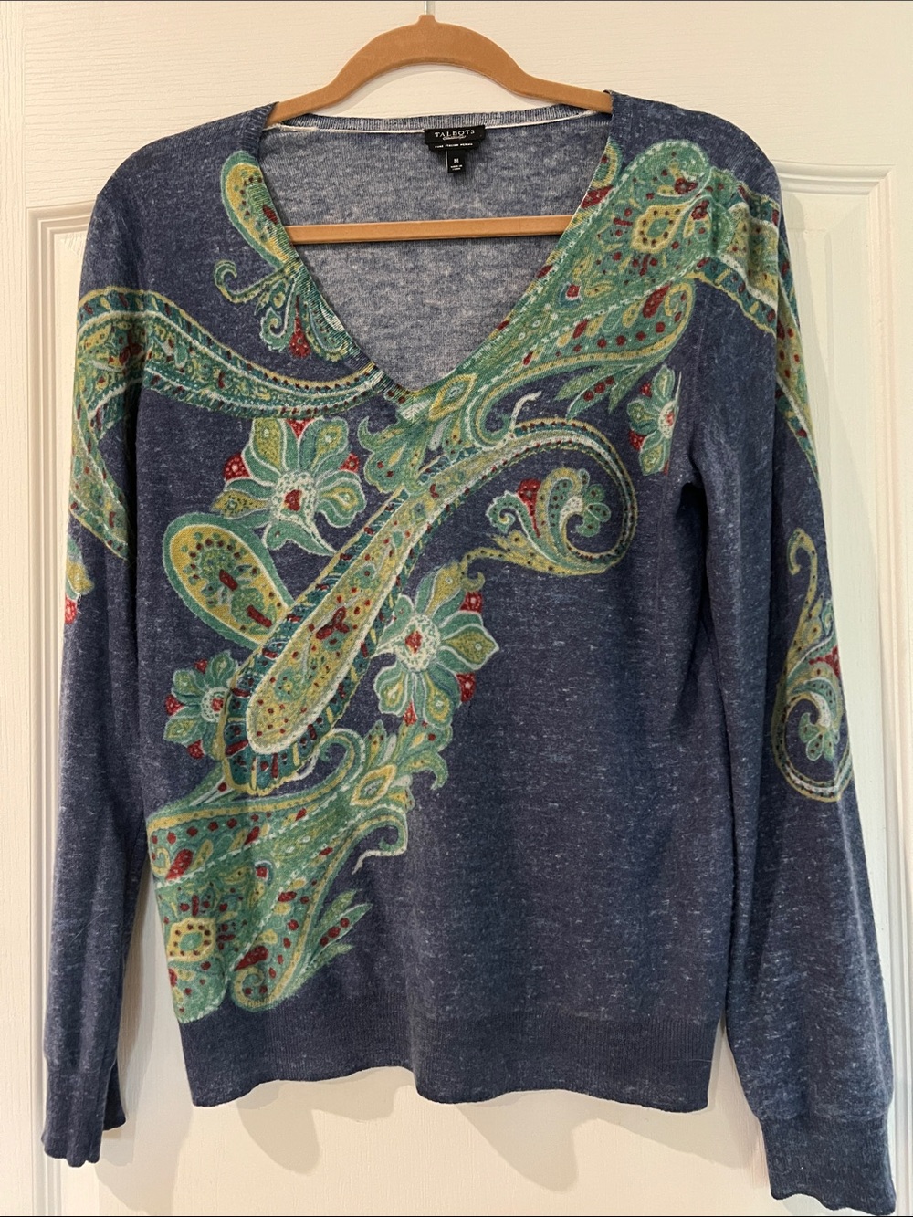 Talbots Navy V-Neck Sweater with Green Paisley Motif